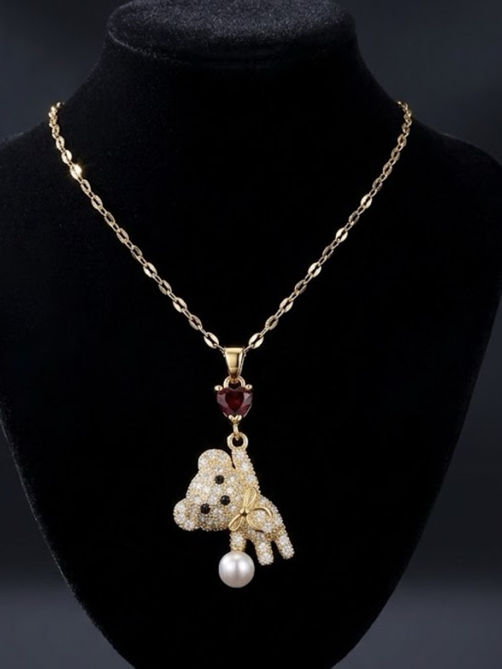New Gold Teddy Bear Pendant Necklace with Red Heart and Pearl - Picture 2 of 2